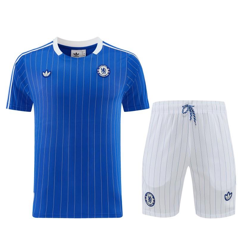 26/27 Chelsea FC Blue Stripes Short Sleeve+ White Soccer Shorts