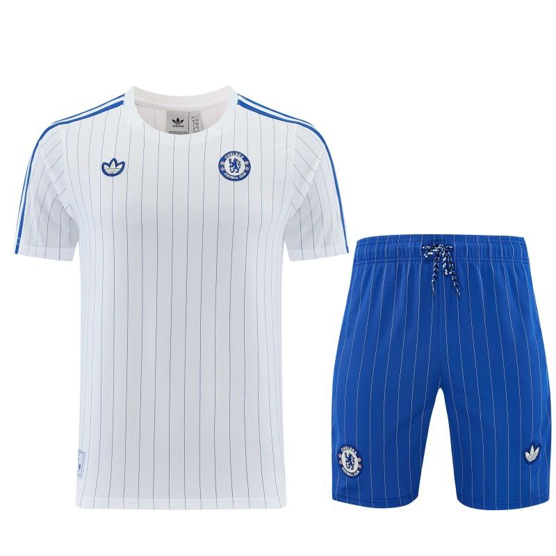 26/27 Chelsea FC White Stripes Short Sleeve+Blue Soccer Shorts