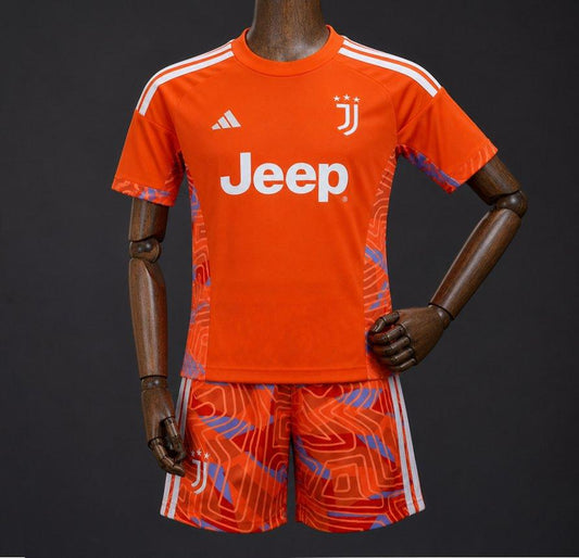 26/27 Kids Juventus Orange with Abstract Maze Pattern Goalkeeper Shirt Set