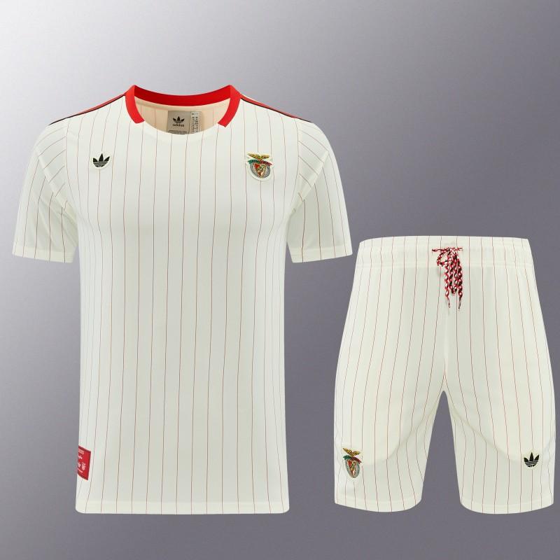 26/27 Benfica × Adidas Originals Off-White Pinstripe Short Sleeve+Soccer Shorts