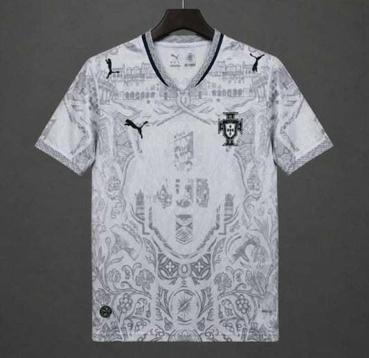 2026 Portugal White with Grey Azulejo Tile and Floral Tapestry Pattern Special Edition Shirt