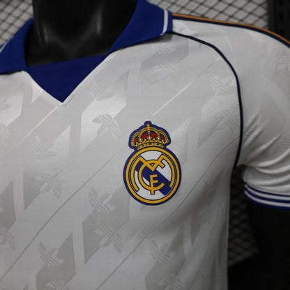 Player Version 26/27 Real Madrid Home White with Blue Collar & Jacquard Pattern Shirt