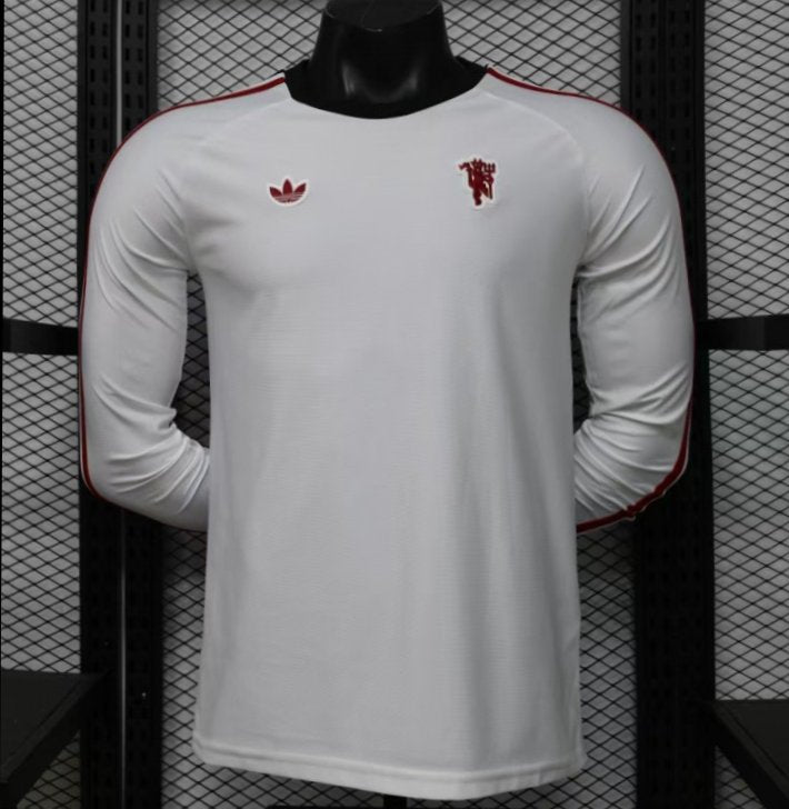 Player Version 2026 Manchester United Away White with  Red Shoulder Stripe Long Sleeve Shirt