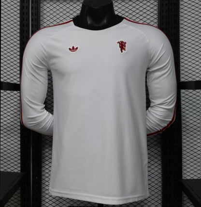 Player Version 2026 Manchester United Away White with  Red Shoulder Stripe Long Sleeve Shirt