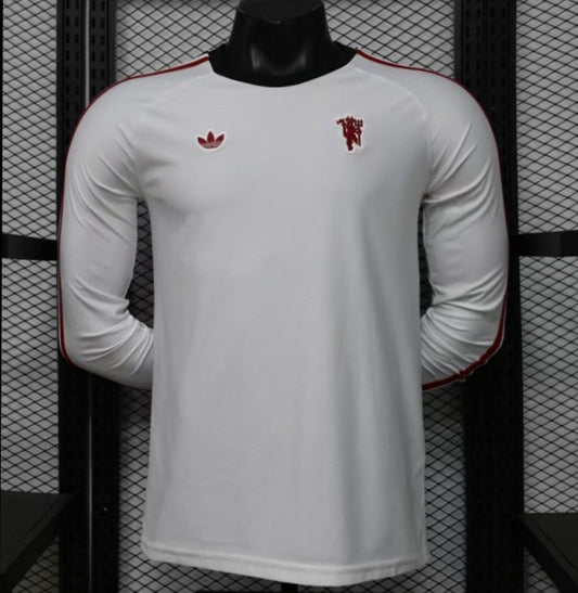 Player Version 2026 Manchester United Away White with  Red Shoulder Stripe Long Sleeve Shirt