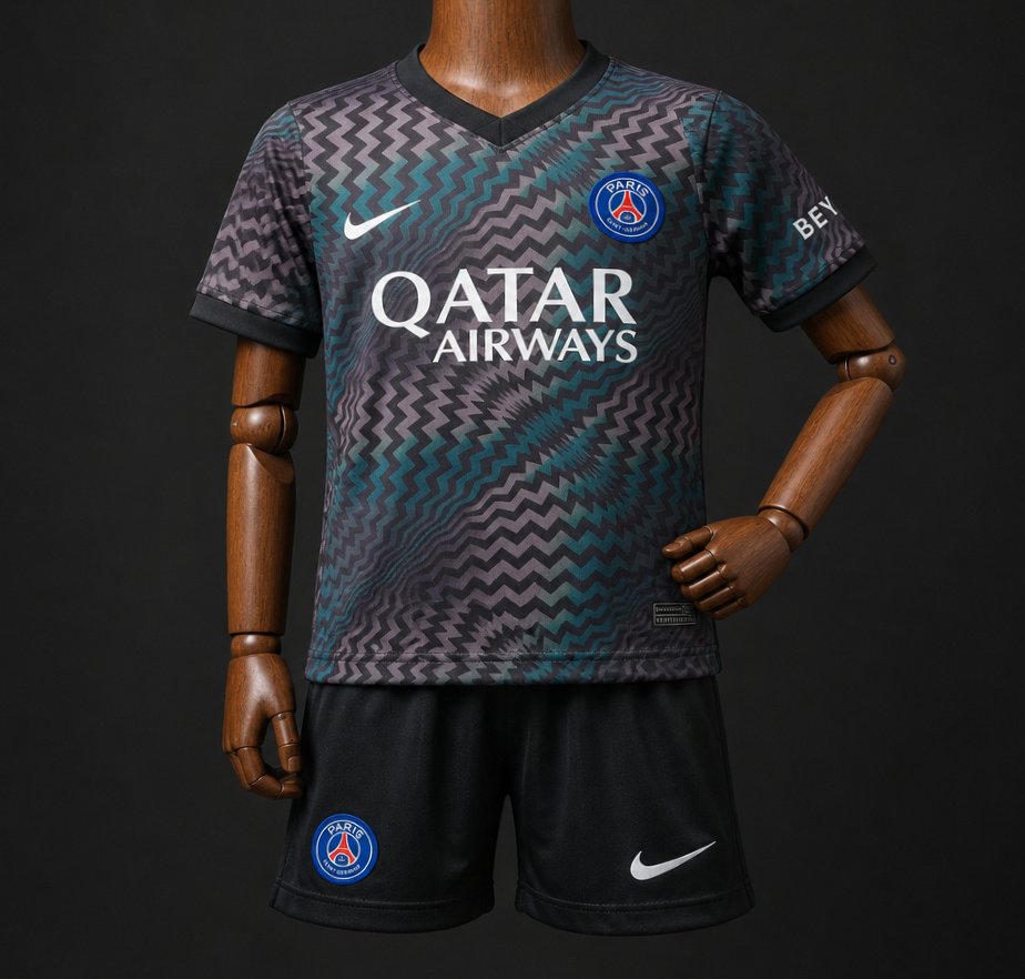 26/27 Kids PSG/Paris Saint-Germain Home Goalkeeper Black/Blue Zigzag Pattern Shirt