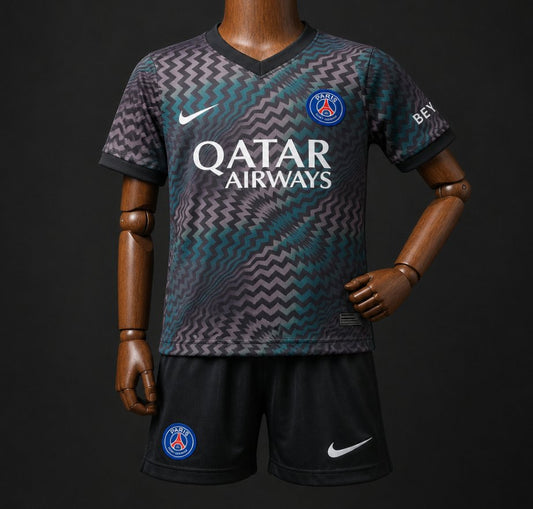 26/27 Kids PSG/Paris Saint-Germain Home Goalkeeper Black/Blue Zigzag Pattern Shirt