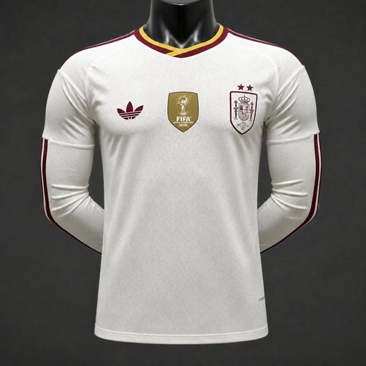 Player Version 2 Star 2026 Spain Away White Long Sleeve Shirt With Champion Patch