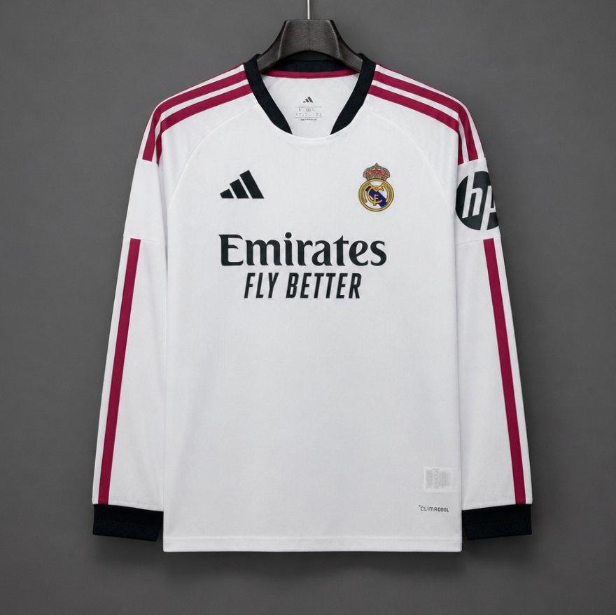 26/27 Real Madrid White with Burgundy Stripes Long Sleeve Home Shirt