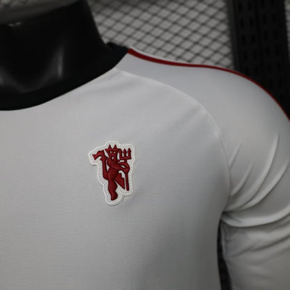 Player Version 2026 Manchester United Away White with  Red Shoulder Stripe Long Sleeve Shirt