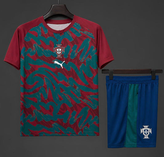 2026 Portugal  Pre-Match Red/Green Training Shirt + Shorts Set